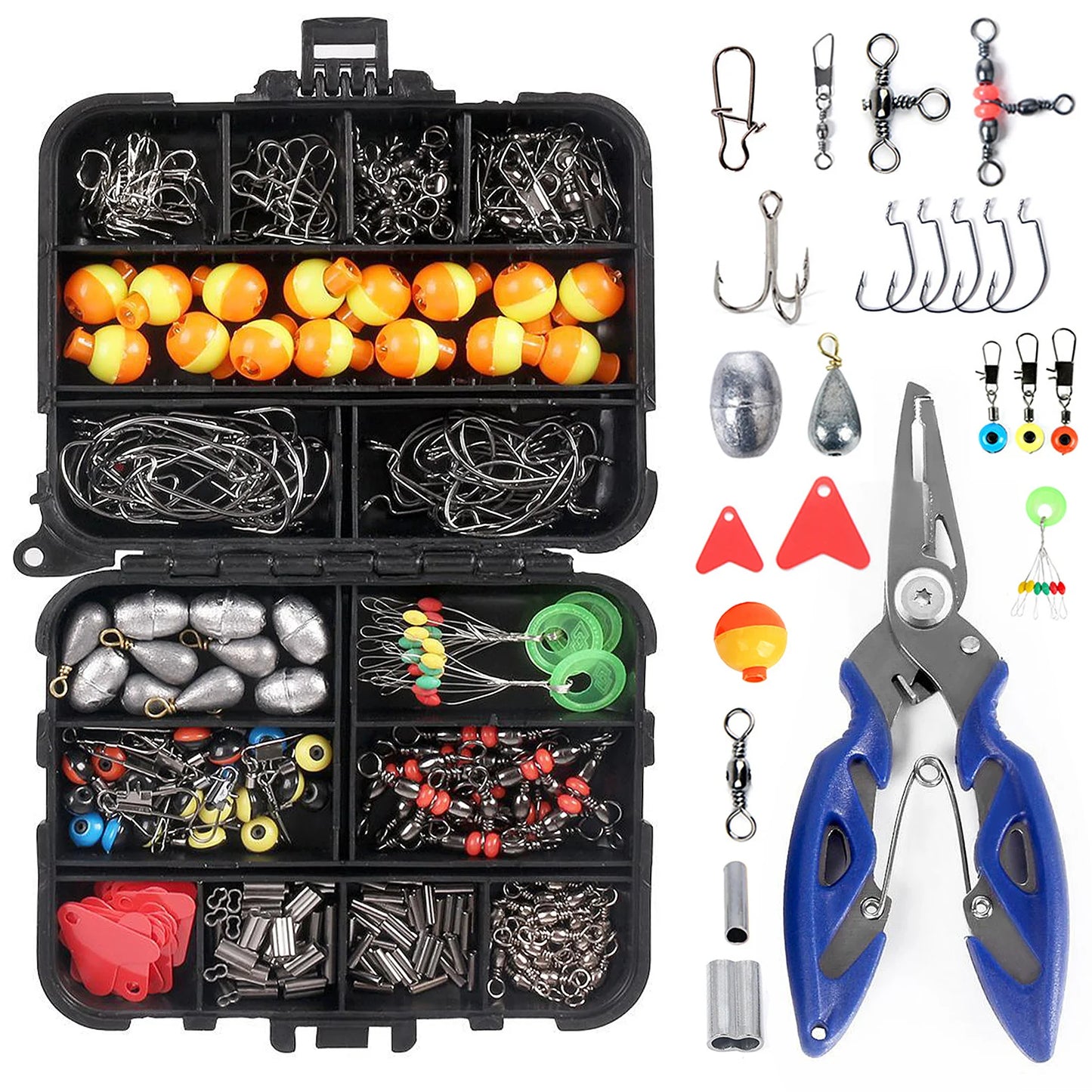 263pcs Fishing  Set with Tackle Box Including Plier Jig Hooks Sinker Weight Swivels Snaps Sinker Slides