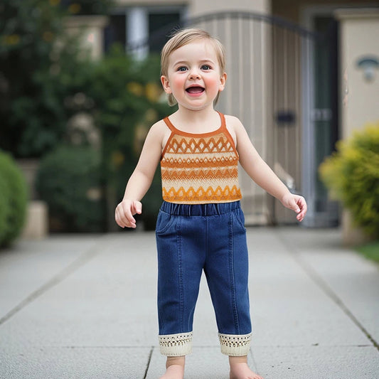 Girls Sleeveless Knit Top and Elastic Waist Tassel Jeans Set