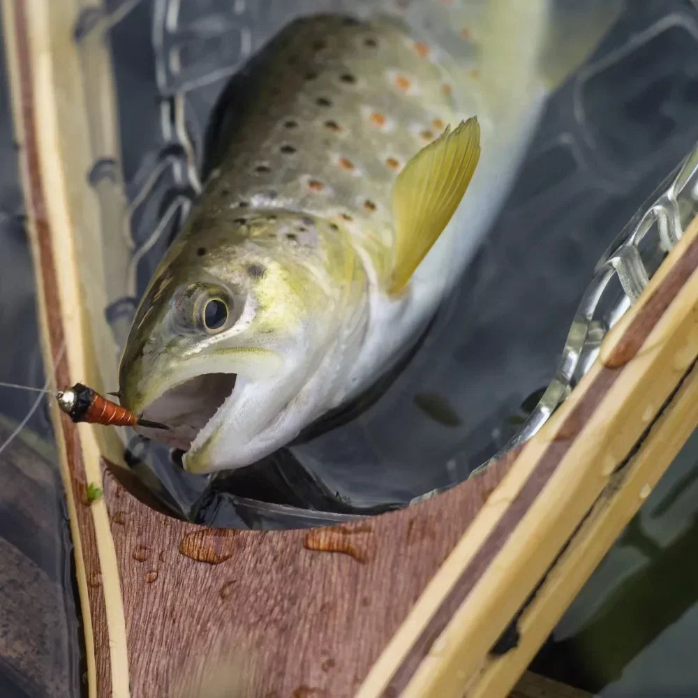 Landing - fly fishing  rubber net and wooden handle