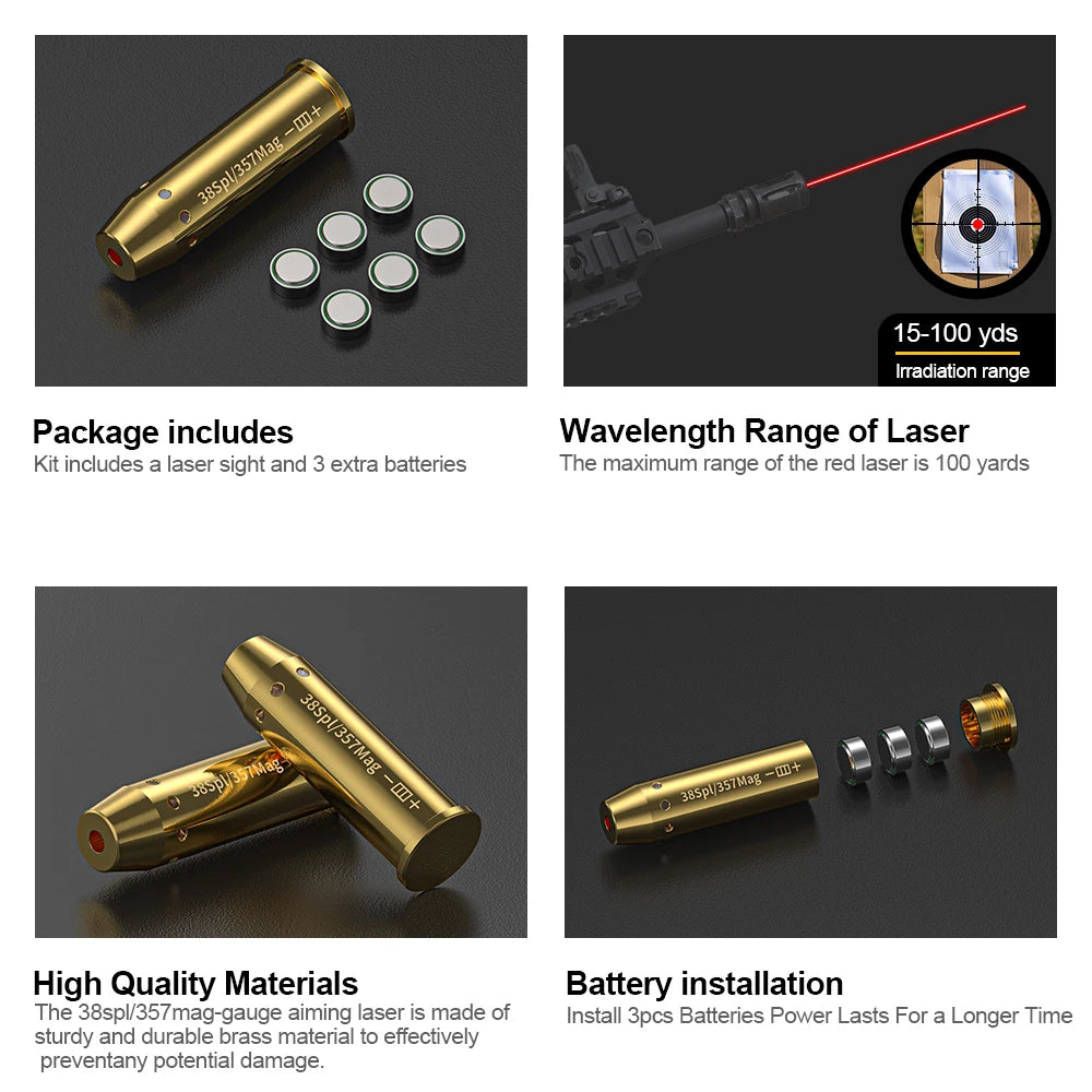 38SPL/357MAG Optics Cartridge Red Dot Laser Brass 9MM  Bore sighter