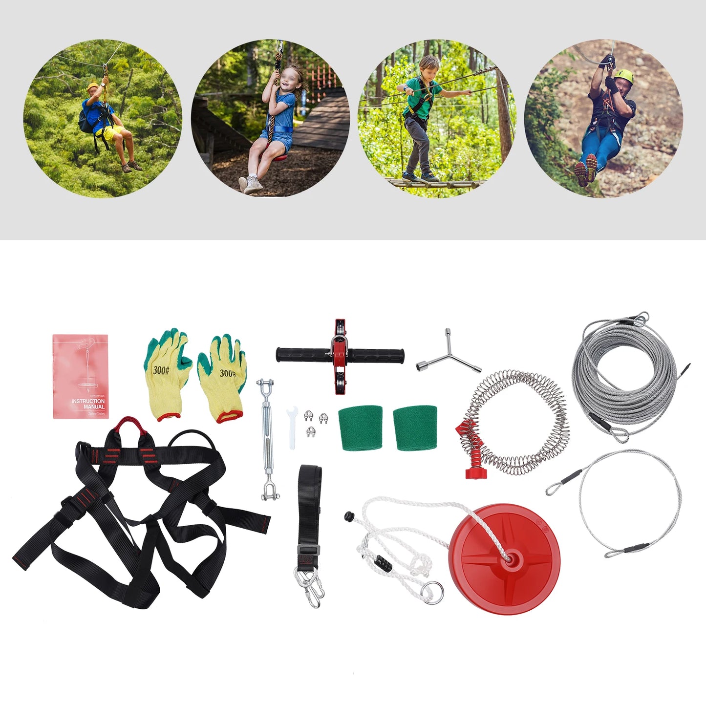 Complete Zipline Kit – 160ft Cable with Safety Harness, Spring Brake, and Mounting Gloves