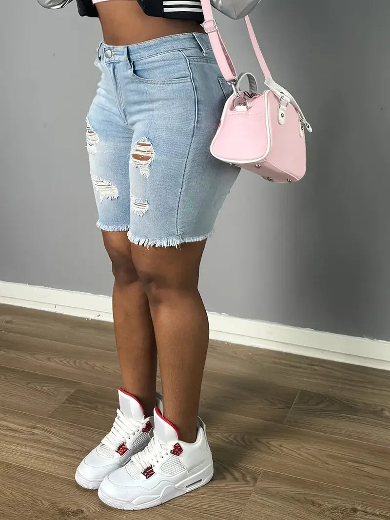 Light Blue Ripped Stretch Short Jeans,