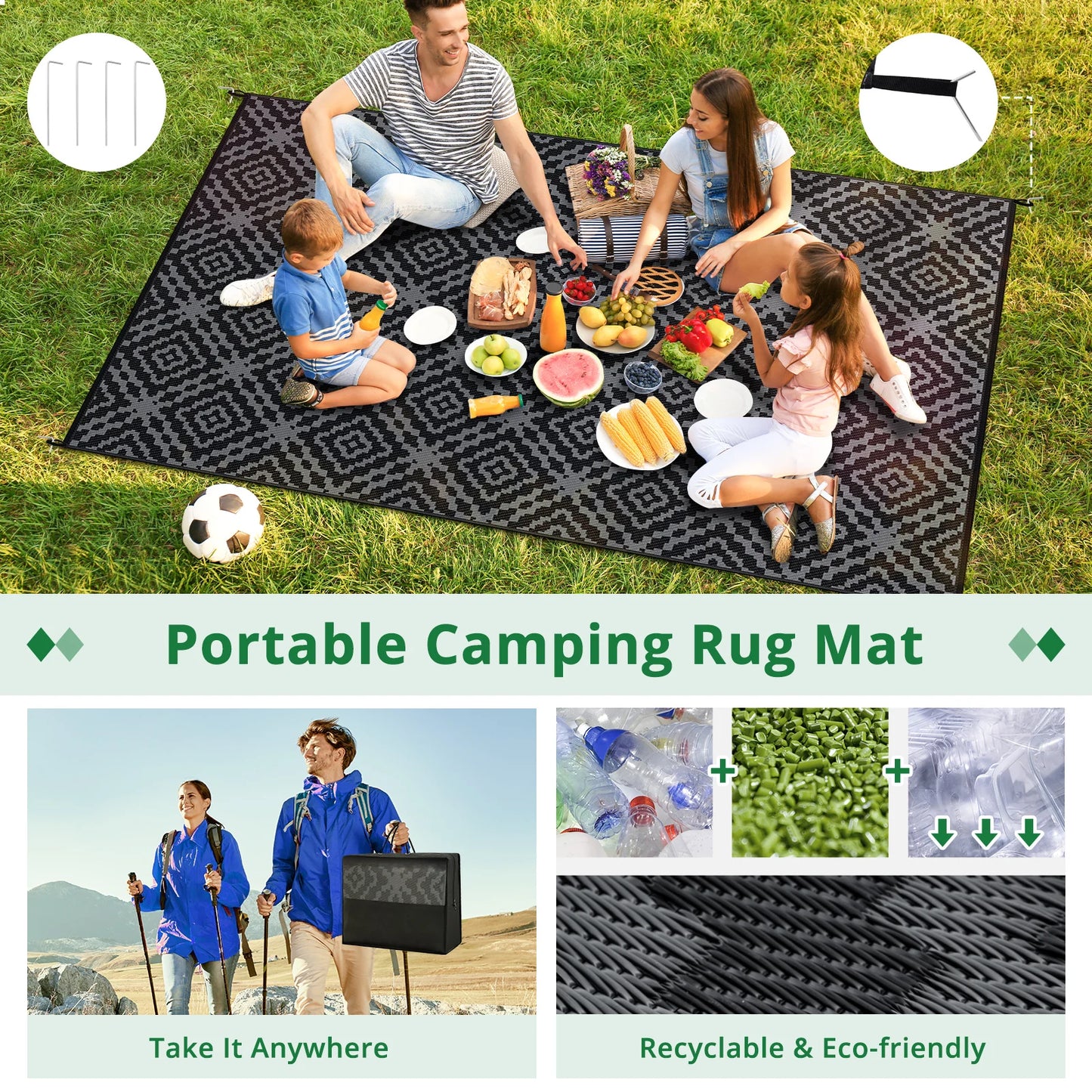 Outdoor Camping Rug Waterproof 6x9FT Reversible Stain & UV Resistant