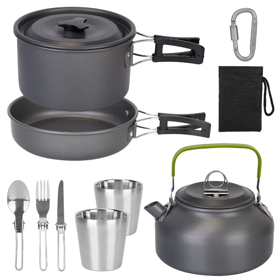 12Pcs Camping Cookware Set Camping Stove Aluminum Pot Pans with Cup Fork Spoon Knife