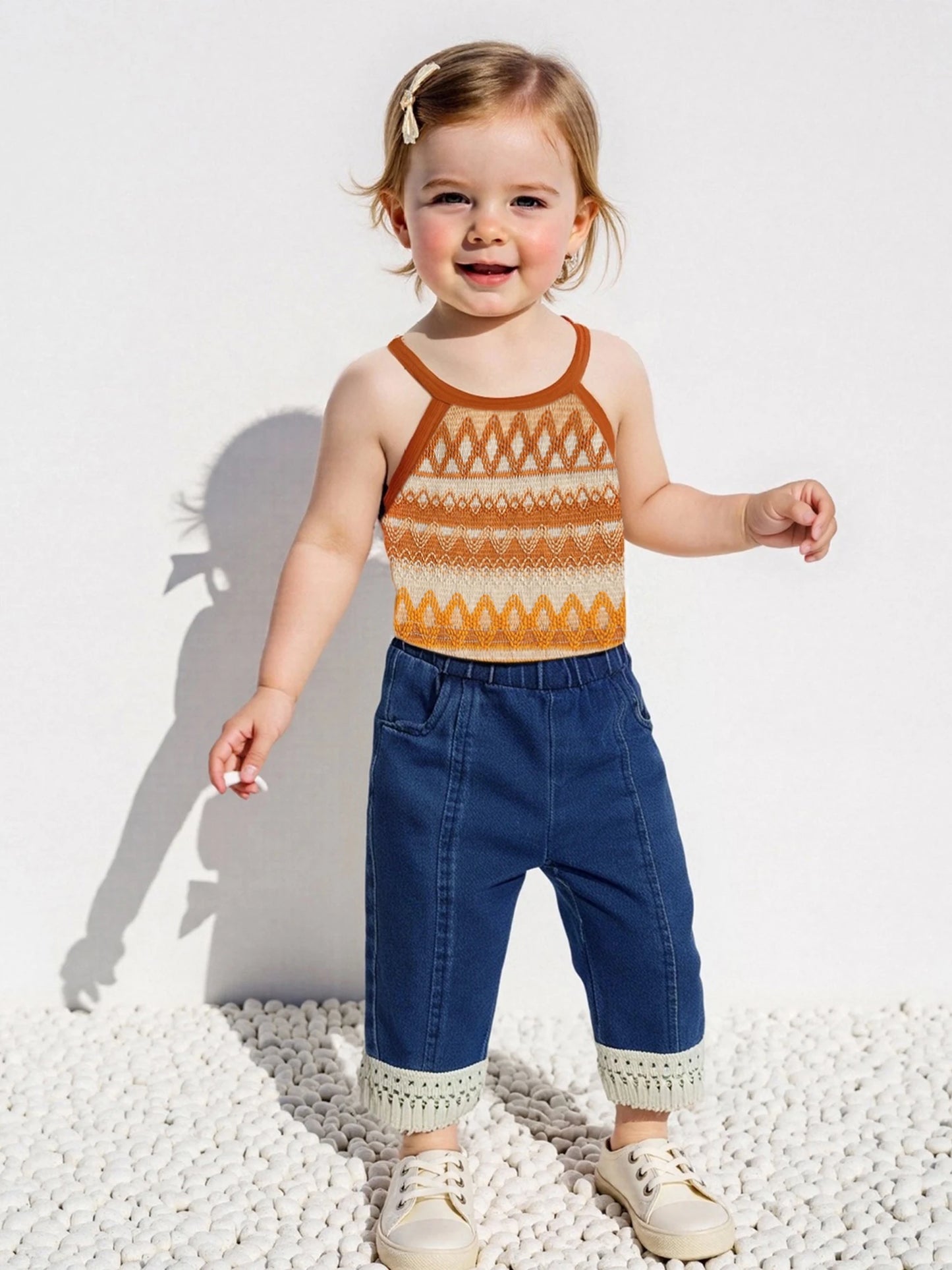 Girls Sleeveless Knit Top and Elastic Waist Tassel Jeans Set