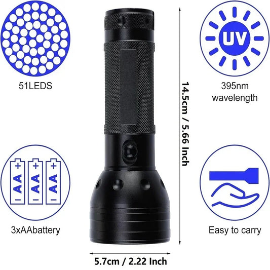 51 LED UV Flashlight Blacklight with 4-Slot Charger and AA Rechargeable Batteries for Scorpion Hunting Pet Urine Detection
