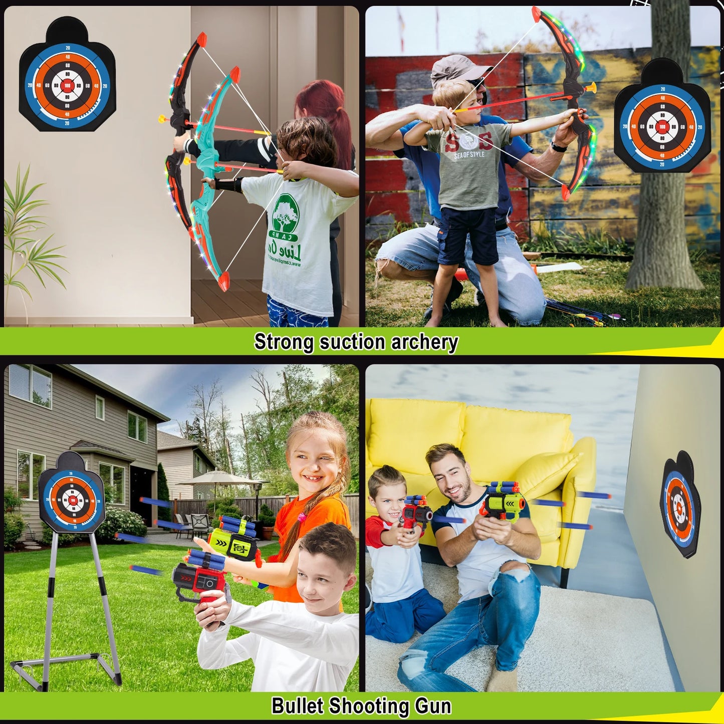 2 Bow and Arrow Sets with LED Light-up, 2 Foam Dart Guns for Kids