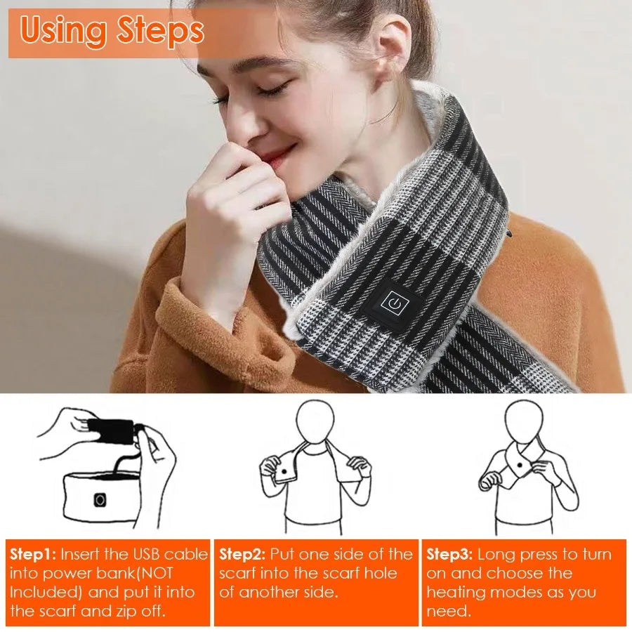 Electric Heated Scarf USB Heating Neck Wrap Unisex Winter Heated Neck Shawl Soft Warm Scarves w 3 Heating Modes