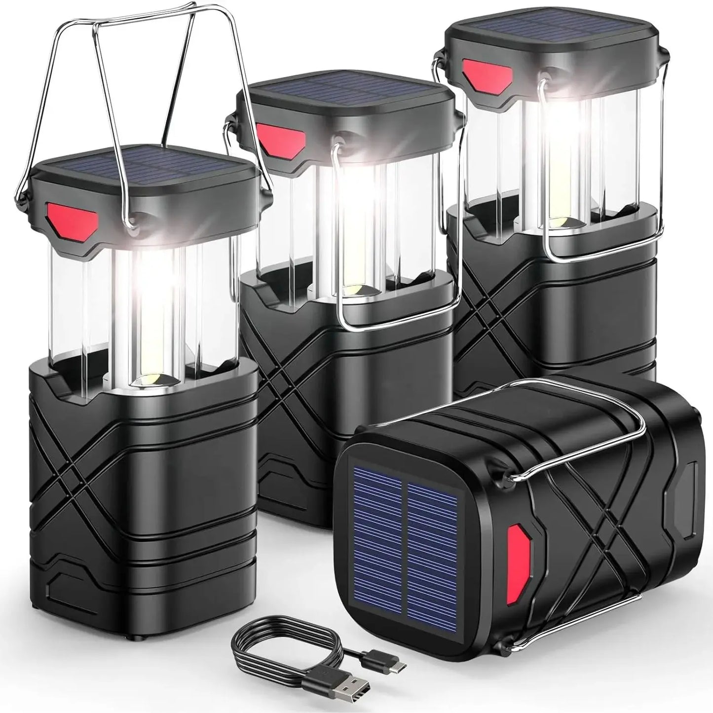 4 Pack Rechargeable Camping Lights - Solar/Battery LED, 3 Modes & USB