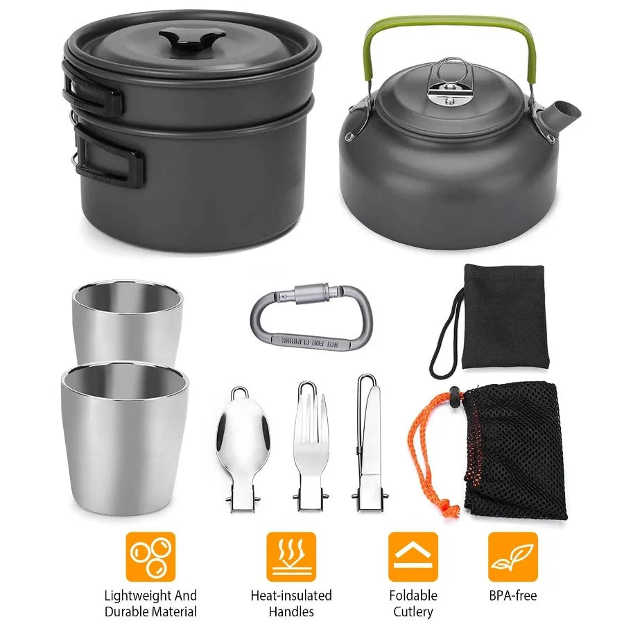 12Pcs Camping Cookware Set Camping Stove Aluminum Pot Pans with Cup Fork Spoon Knife