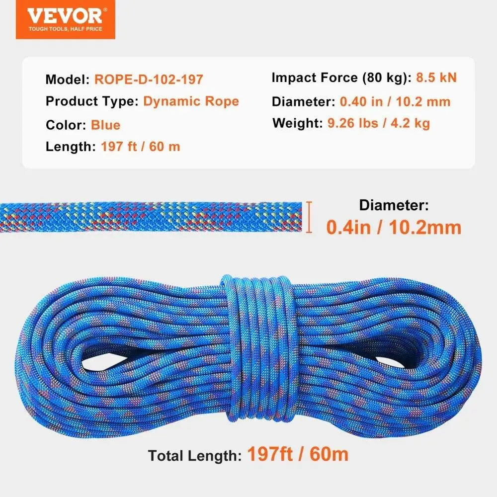 Dynamic Climbing Rope 10.2mm 60M 25KN Breaking Tension with  Steel Snap Hooks