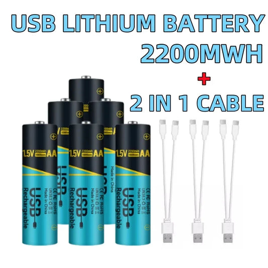 6PCS 13200mAh AA1.5V Lithium-Ion Rechargeable Battery with 2-in-1 Charging Cable