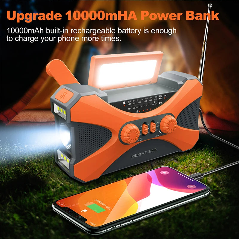 10000mAh charger High Capacity Emergency  Solar Hand Crank LED Flashlight