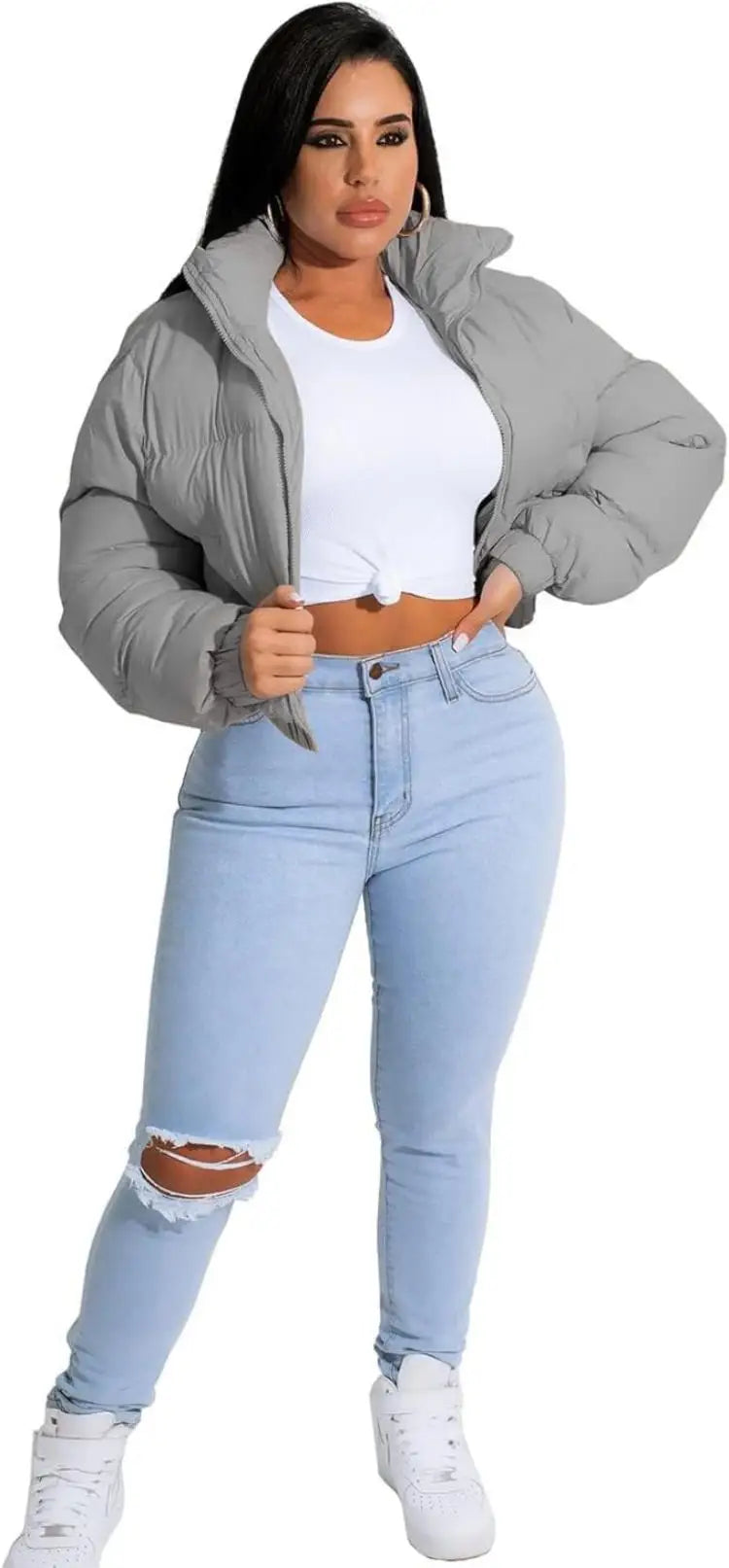 womens Puffer Jacket Cropped Zip Casual Cotton Coat