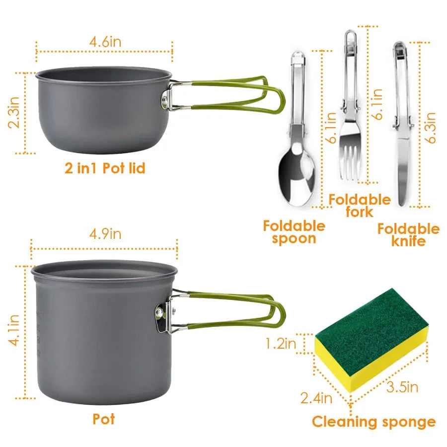 8Pcs  Camping Stove Cookware Set Aluminum Pot Foldable Knife Fork Spoon