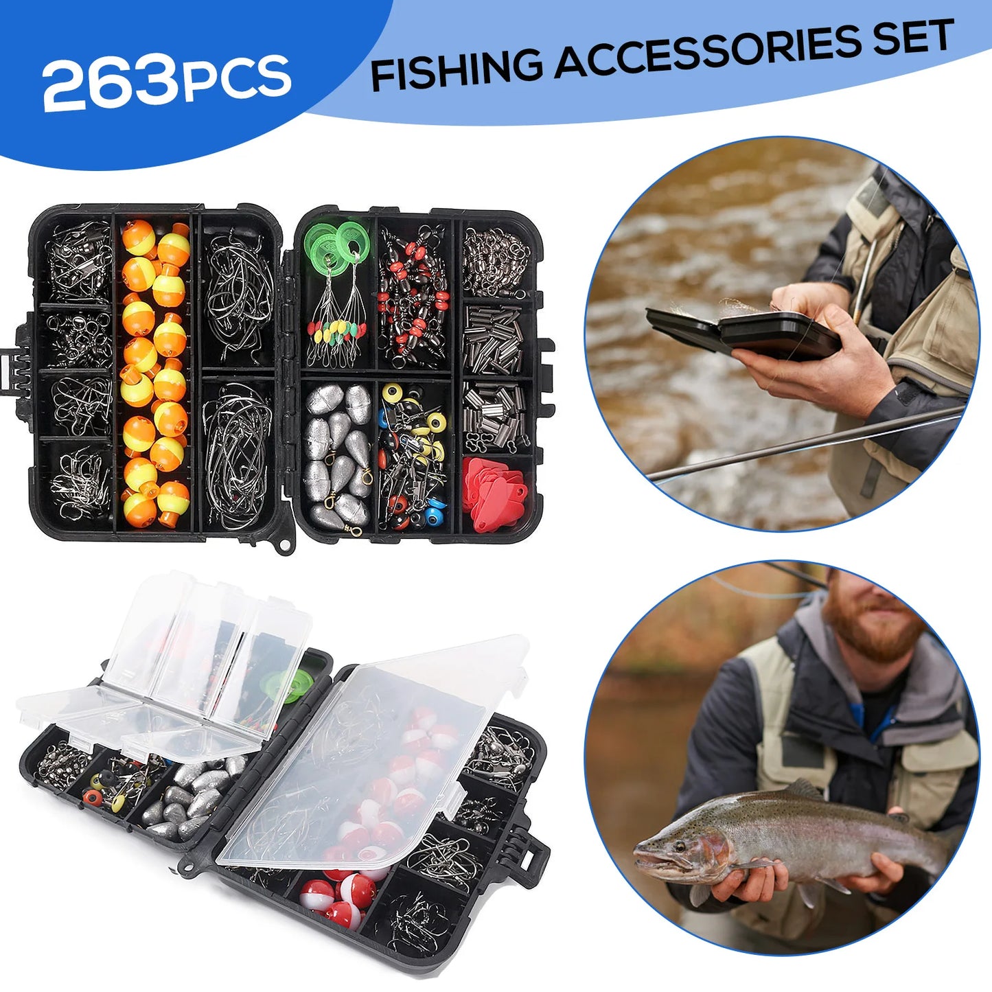 263pcs Fishing  Set with Tackle Box Including Plier Jig Hooks Sinker Weight Swivels Snaps Sinker Slides