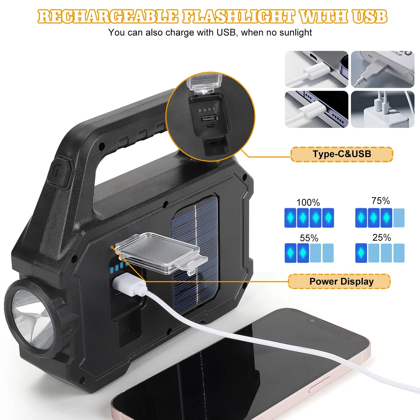 2000LM Solar-Powered LED Flashlight - Rechargeable with 6 Modes, Waterproof