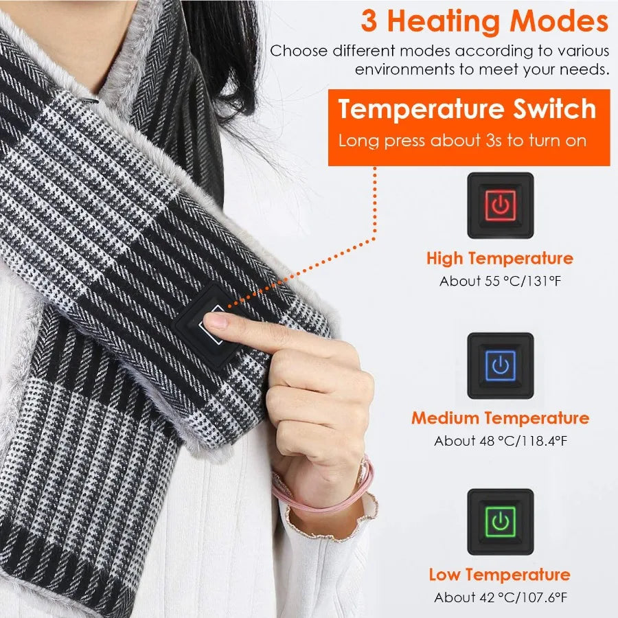 Electric Heated Scarf USB Heating Neck Wrap Unisex Winter Heated Neck Shawl Soft Warm Scarves w 3 Heating Modes