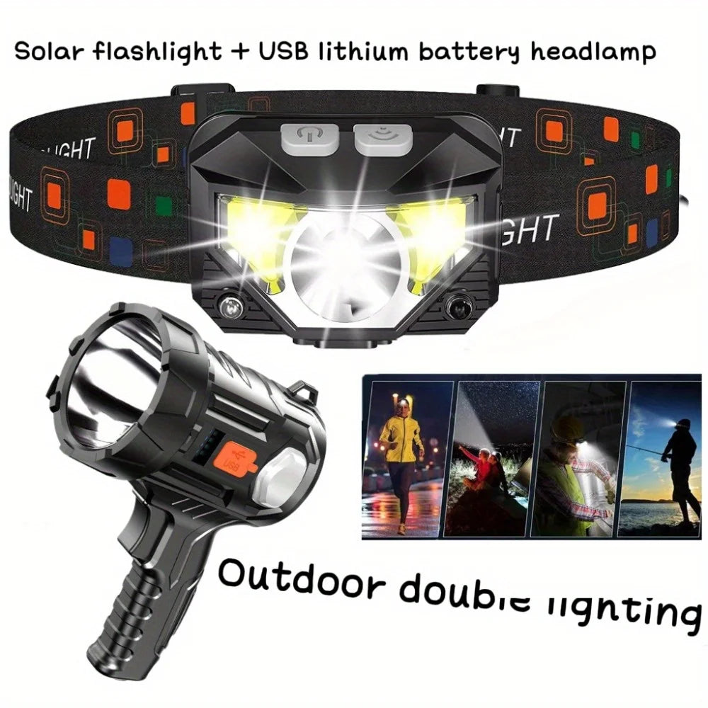 Solar/USB Rechargeable LED Flashlight - 3-in-1 Headlamp, Searchlight