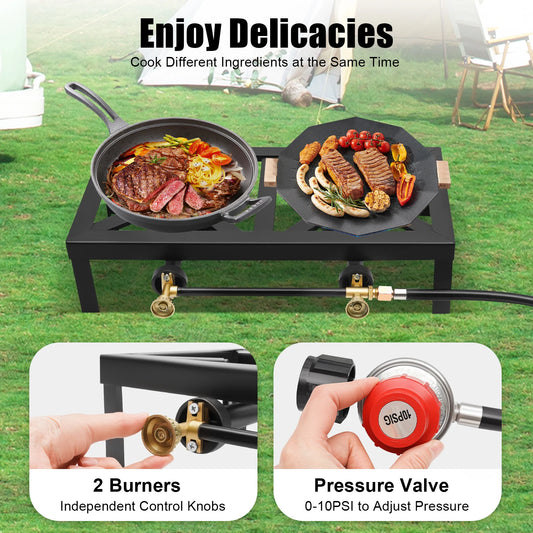 8000W Portable Double Burner Outdoor Gas Stove with Adjustable 0-10Psi Regulator Hose