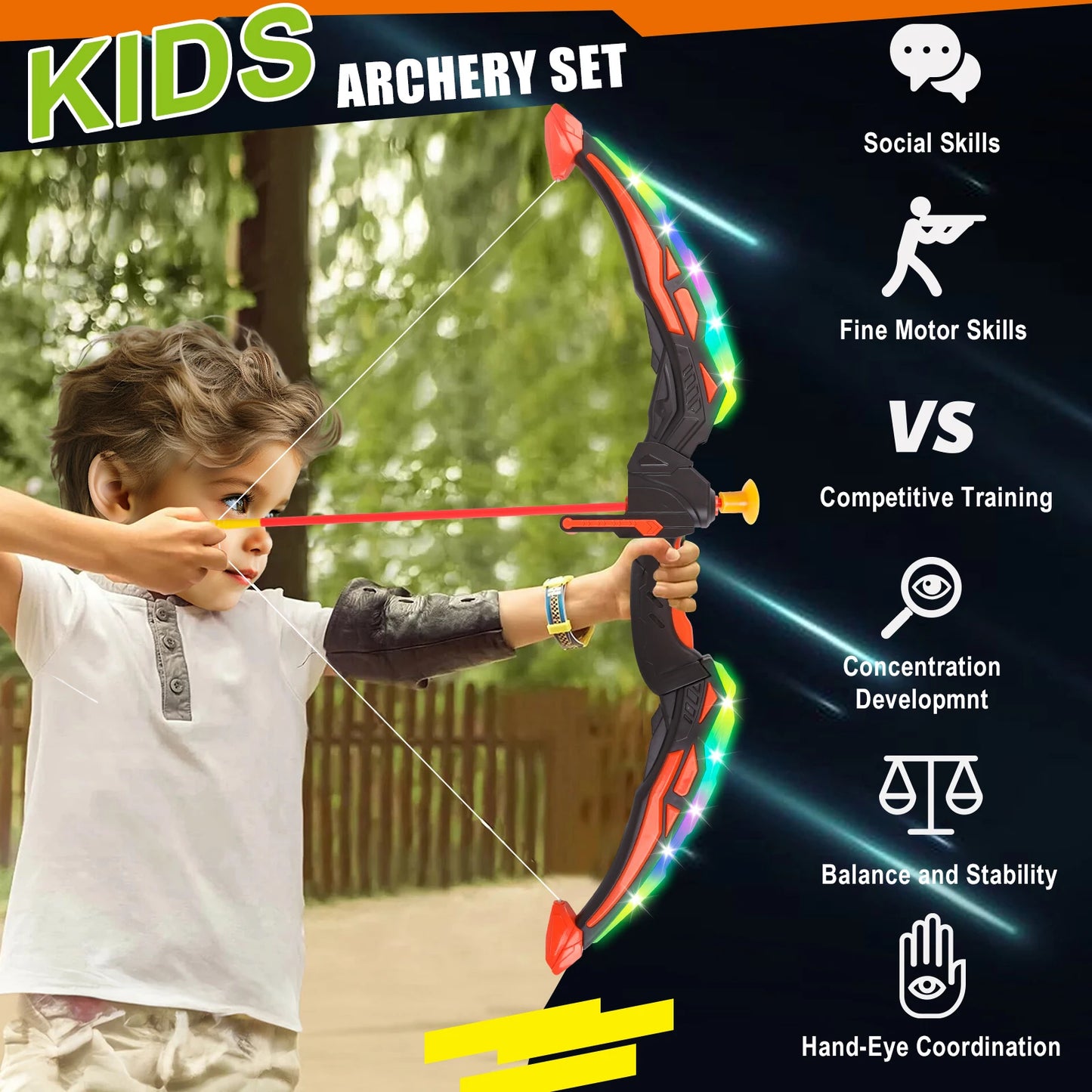2 Bow and Arrow Sets with LED Light-up, 2 Foam Dart Guns for Kids