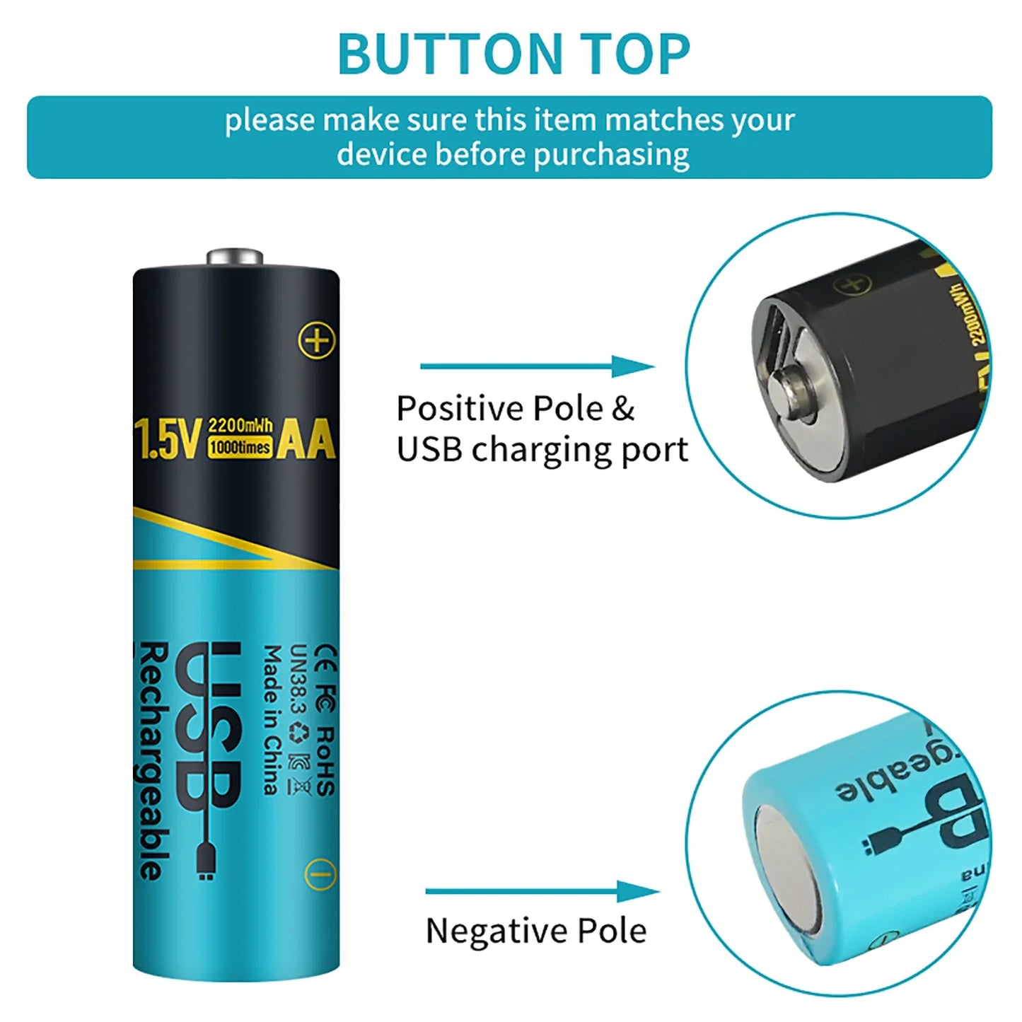 6PCS 13200mAh AA1.5V Lithium-Ion Rechargeable Battery with 2-in-1 Charging Cable