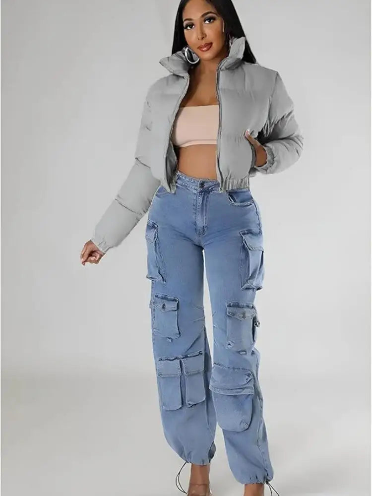 womens Puffer Jacket Cropped Zip Casual Cotton Coat