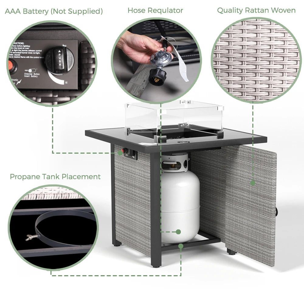 Propane Fire Pit Table, Rattan & Wicker-Look,Tempered Glass Tabletop with Glass Windscreen Protector