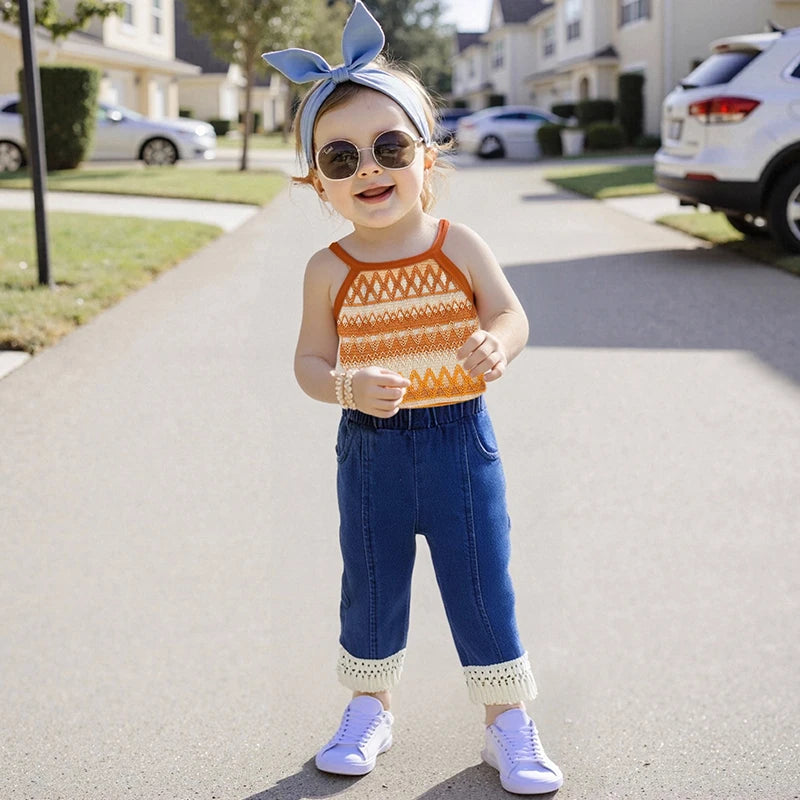 Girls Sleeveless Knit Top and Elastic Waist Tassel Jeans Set