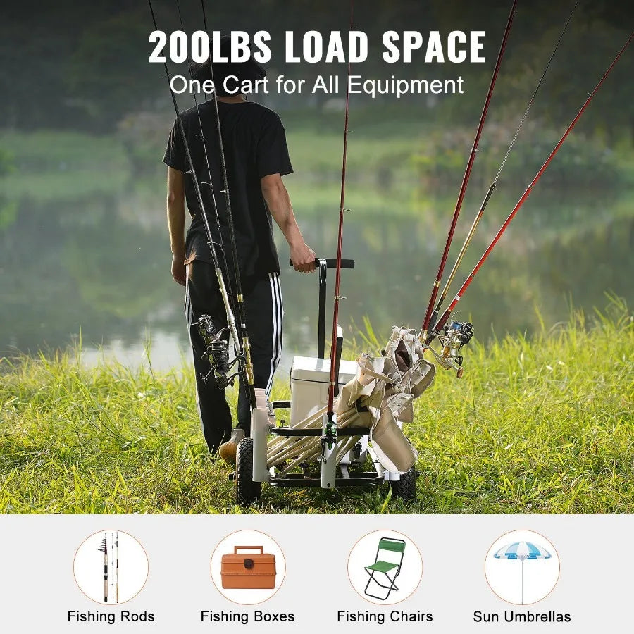 Beach Fishing Cart 200 lbs Load Capacity with Two 11 Big Wheels Rubber Balloon Tires for Sand