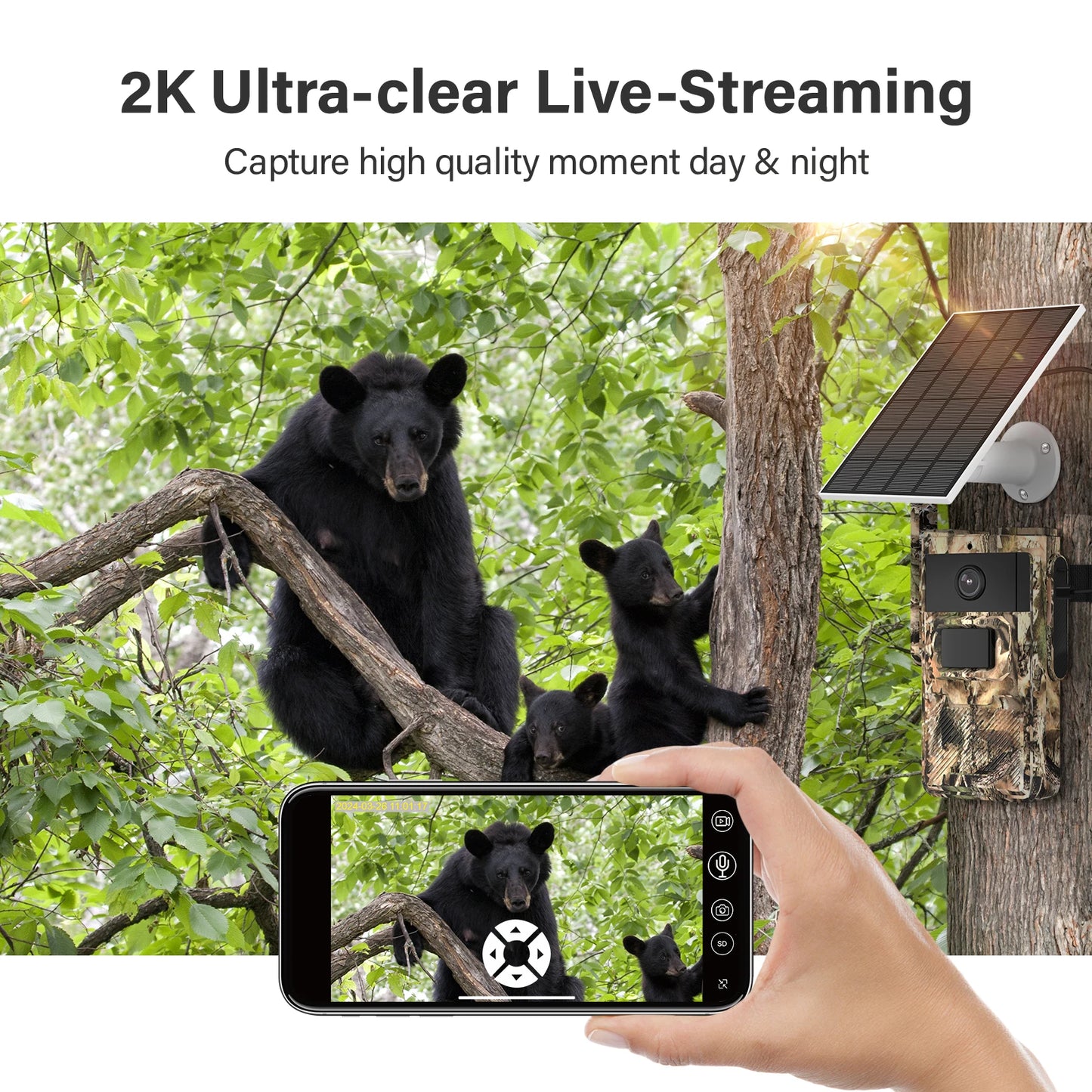 Jennov Solar Hunting Trail Camera 2.5k HD Wildlife Game Camera 4G SIM Card IP66 Waterproof PIR Motion Detection IR Night Vision