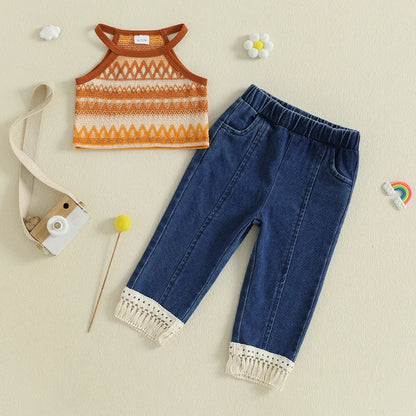 Girls Sleeveless Knit Top and Elastic Waist Tassel Jeans Set