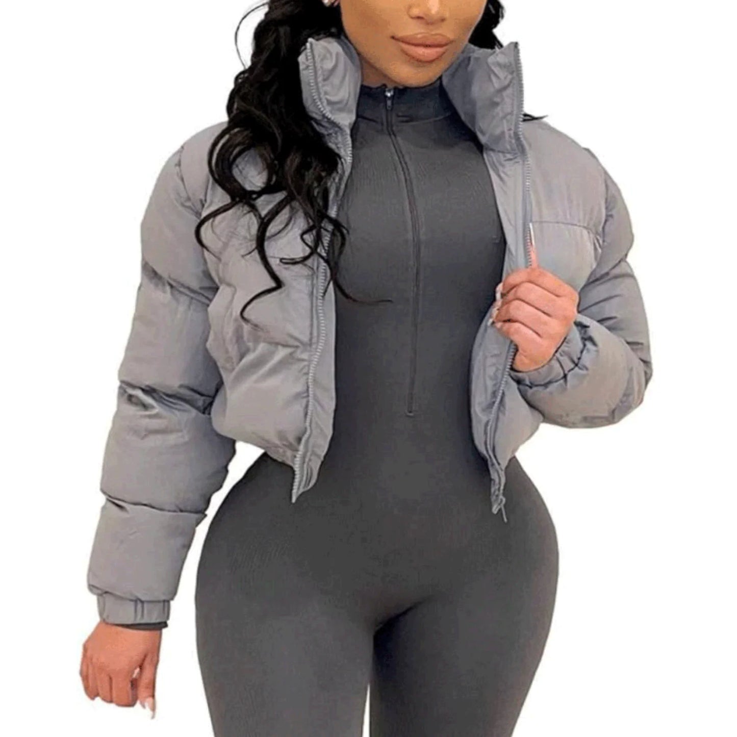 womens Puffer Jacket Cropped Zip Casual Cotton Coat