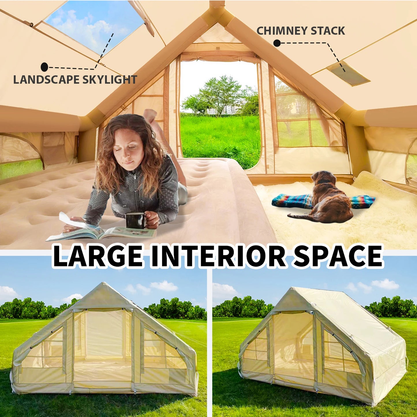 Inflatable Waterproof Tent with Hand Pump, Oxford Fabric Camping Tent with Skylight,