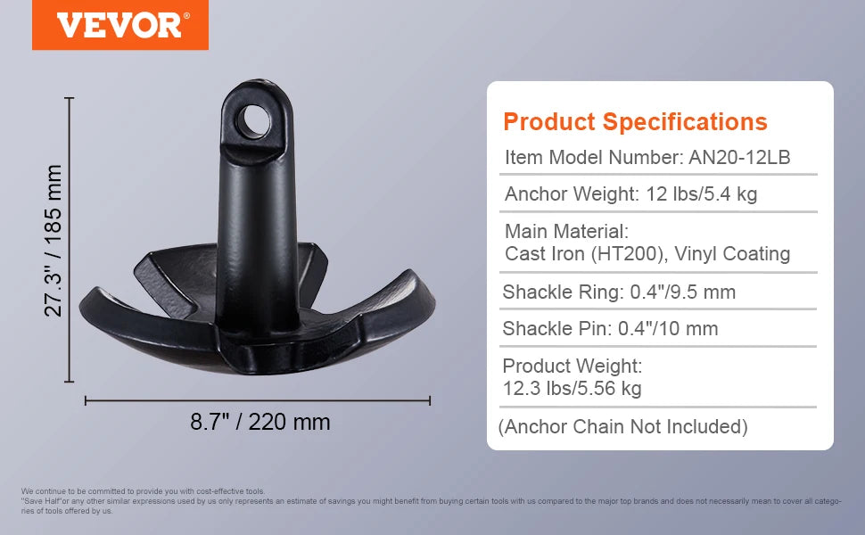 River Anchor 12 lbs Boat Anchor Cast Iron Vinyl-Coated with Shackle,for Boats Up To 10 ft