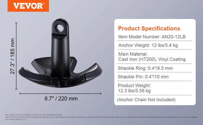 River Anchor 12 lbs Boat Anchor Cast Iron Vinyl-Coated with Shackle,for Boats Up To 10 ft