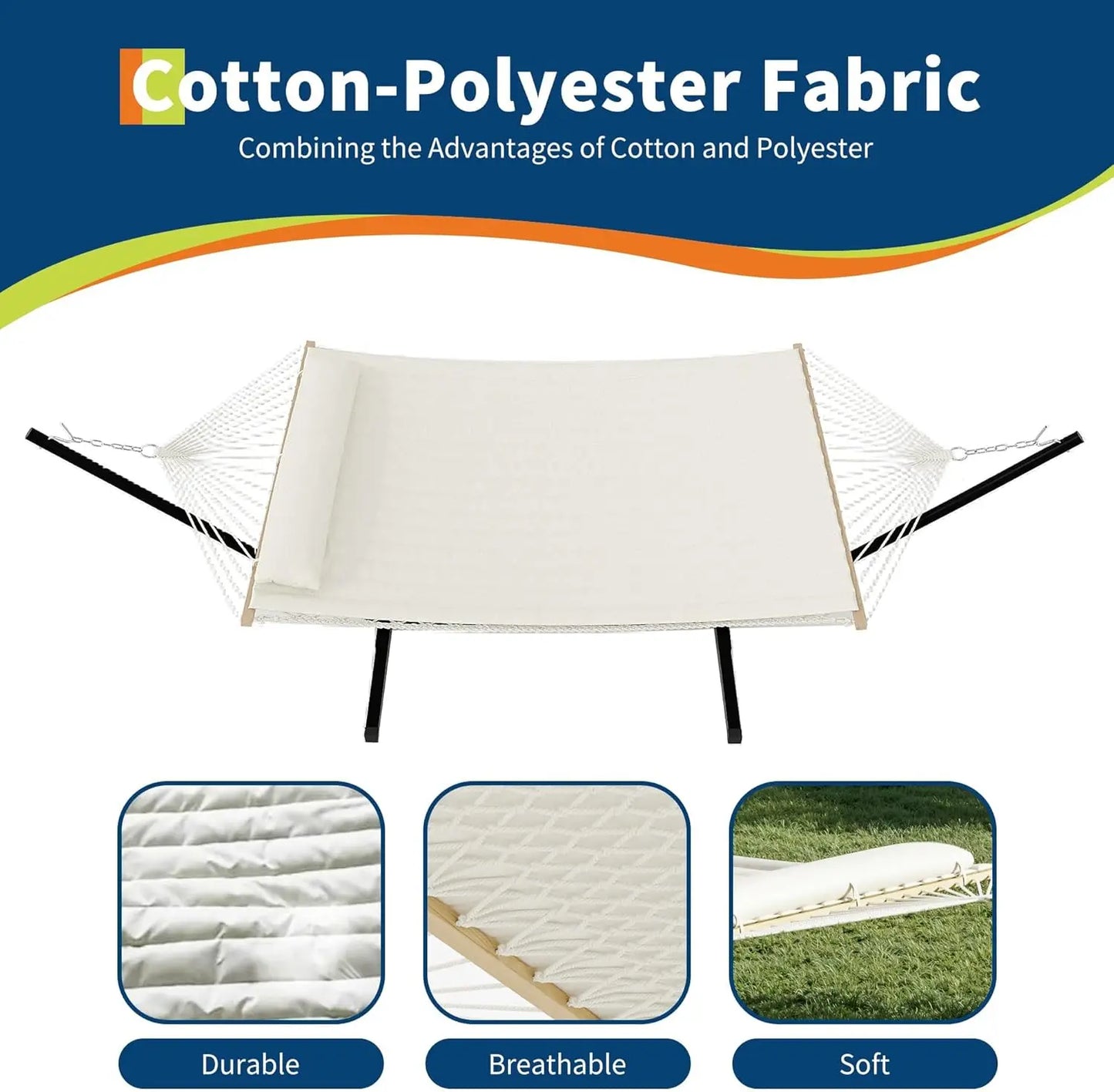 Double Hammock with Stand,2 Person Heavys Duty 475 Lbs Capacity, Breathable Cotton Rope & Quilted Pad