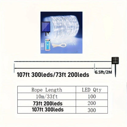 107ft300LED/73ft200LEDS Solar Rope Lights, Waterproof  8 Modes,