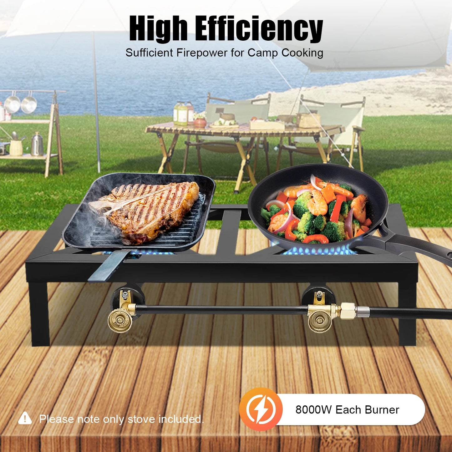 8000W Portable Double Burner Outdoor Gas Stove with Adjustable 0-10Psi Regulator Hose