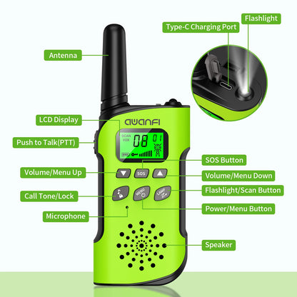 4 Walkie Talkies  Rechargeable  , Long Range Flashlight 8 Channel, USB Type C