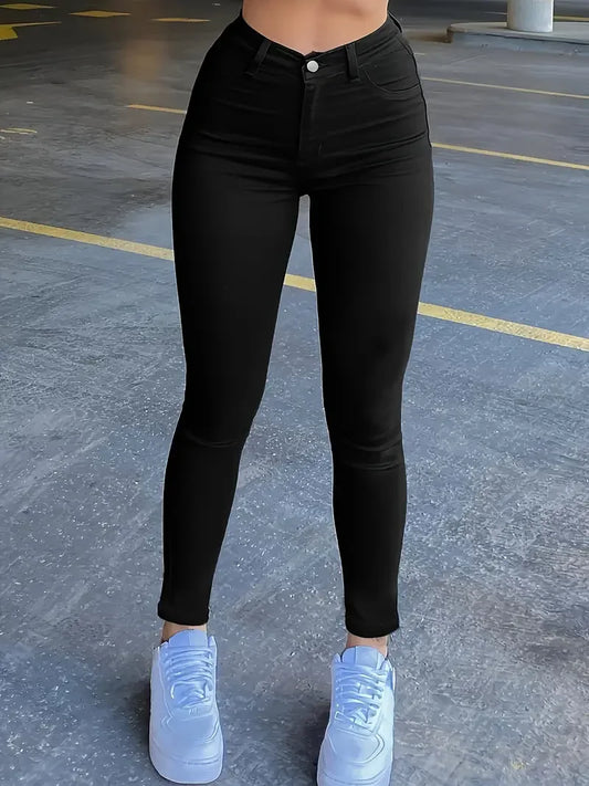 Women Simple Slim Wash Casual Style Jeans Zipper Button