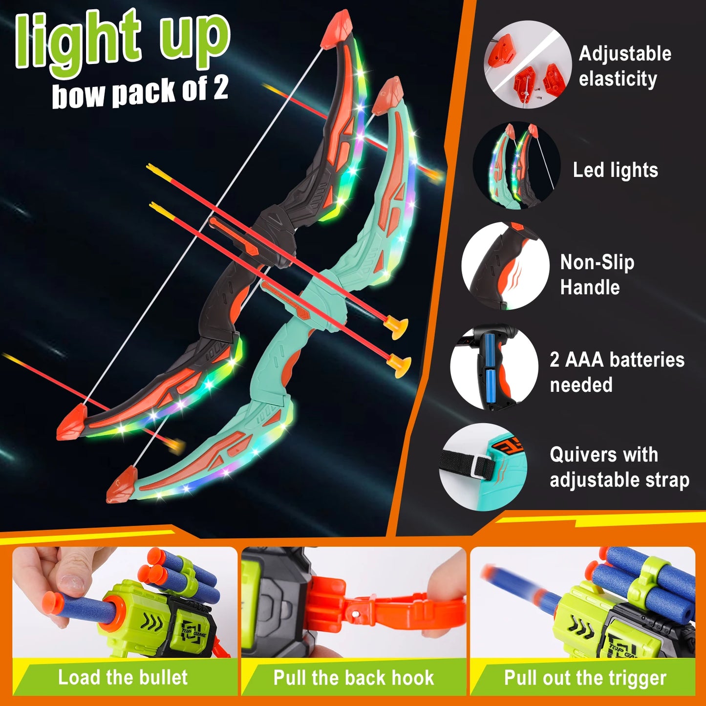 2 Bow and Arrow Sets with LED Light-up, 2 Foam Dart Guns for Kids