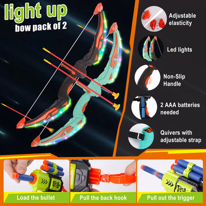 2 Bow and Arrow Sets with LED Light-up, 2 Foam Dart Guns for Kids