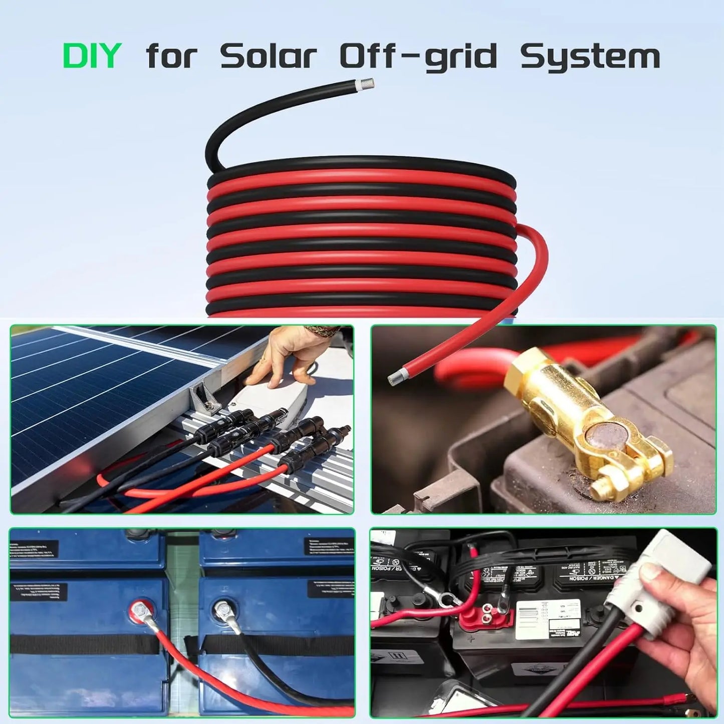 US Stock Solar Extension Cable 10AWG 100m 30m 6mm2 IP67 Waterproof Solar Power Cable Red Black For PV Panel Connection