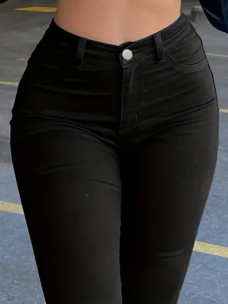 Women Simple Slim Wash Casual Style Jeans Zipper Button