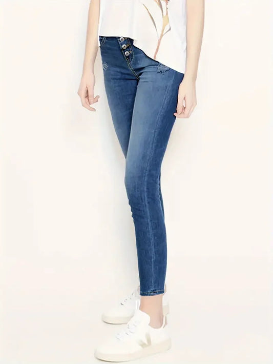 Women Stylish Slim Denim Pants Ripped High Button Jeans