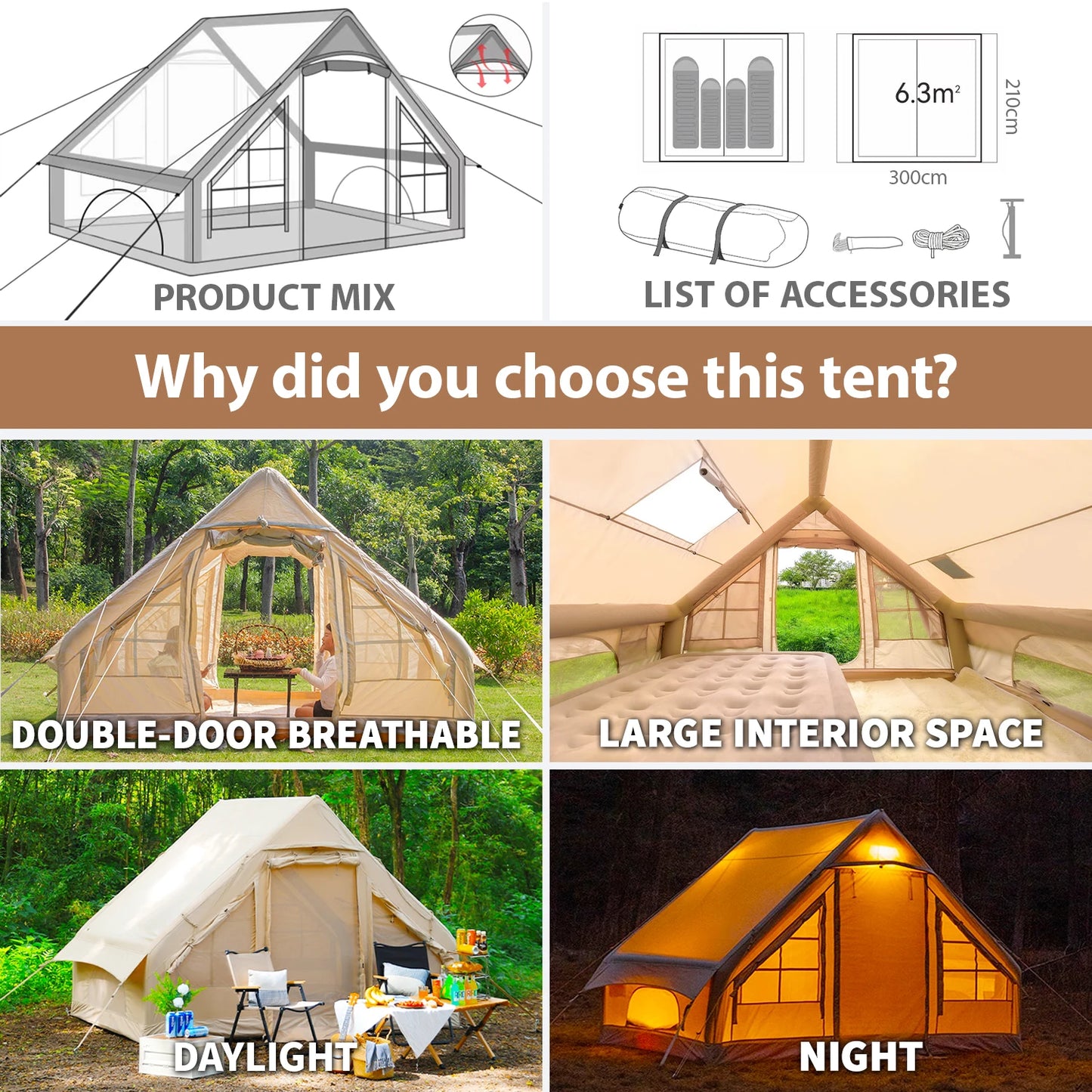 Inflatable Waterproof Tent with Hand Pump, Oxford Fabric Camping Tent with Skylight,