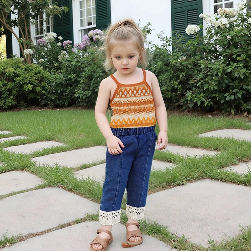 Girls Sleeveless Knit Top and Elastic Waist Tassel Jeans Set