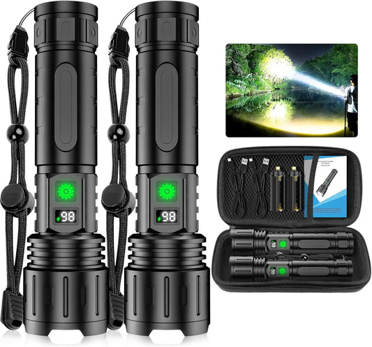 2pcs Super Bright LED Flash Light with Power Display 20H Runtime,5 Modes, Zoomable