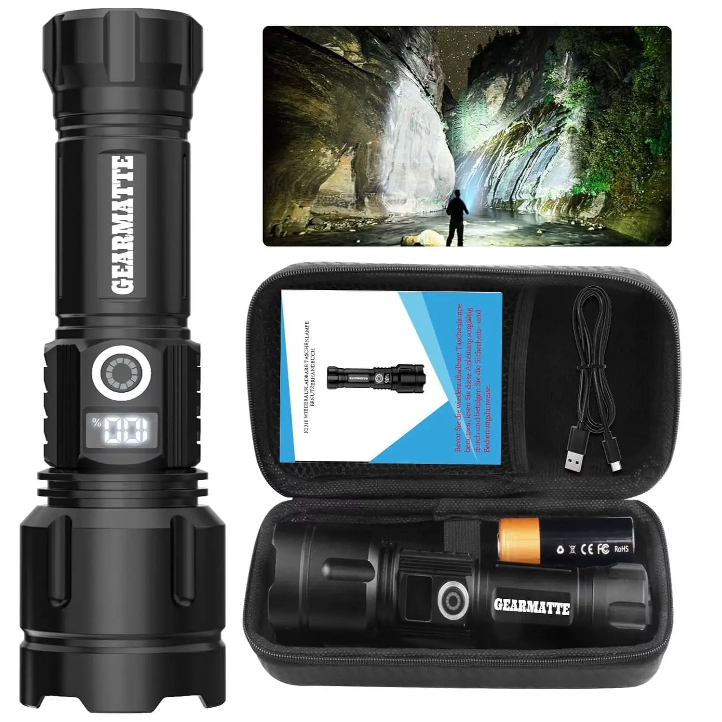 Led Flashlights 20000 High Lumens, USB Rechargeable with Power Display